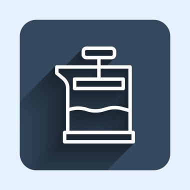 White line French press icon isolated with long shadow background. Blue square button. Vector