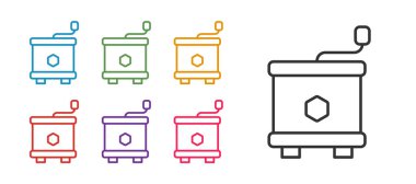 Bal çıkarıcı simgesini beyaz arkaplanda izole et. Balpeteklerinden bal çıkarmak için mekanik bir cihaz. Simgeleri renklendirin. Vektör