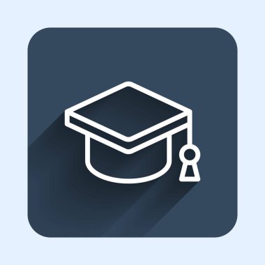 White line Graduation cap icon isolated with long shadow background. Graduation hat with tassel icon. Blue square button. Vector