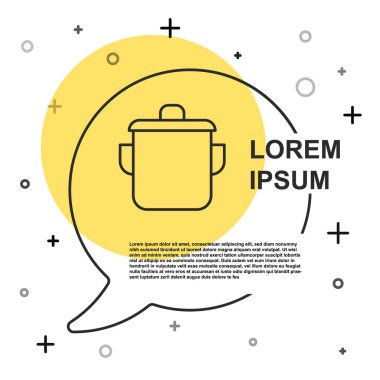 Beyaz arkaplanda siyah çizgili tencere ikonu izole edilmiş. Haşlama ya da güveç besin sembolü. Rastgele dinamik şekiller. Vektör