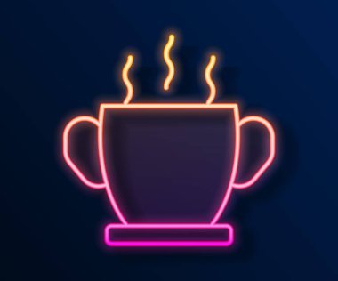 Siyah arka planda izole edilmiş parlak neon çizgisi sıcak çorba ikonu kasesi. Vektör