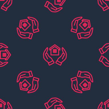 Red line House in hand icon isolated seamless pattern on black background. Insurance concept. Security, safety, protection, protect concept.  Vector