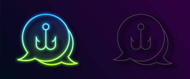 Parlayan neon hattı. Balıkçı kancası simgesi siyah arkaplanda izole edildi. Balık oltası. Vektör