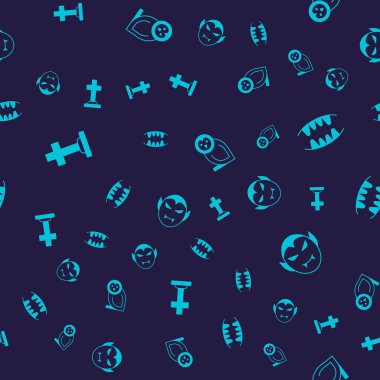 Set Tombstone with cross, Vampire teeth, Owl bird and  on seamless pattern. Vector