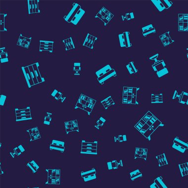 Set Chest of drawers, Office chair, Big bed and Library bookshelf on seamless pattern. Vector