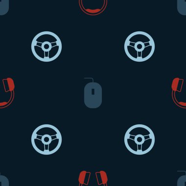 Set Headphones, Computer mouse and Racing simulator on seamless pattern. Vector