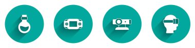 Set Bottle with magic elixir, Portable video game console, Web camera and Virtual reality glasses icon with long shadow. Vector