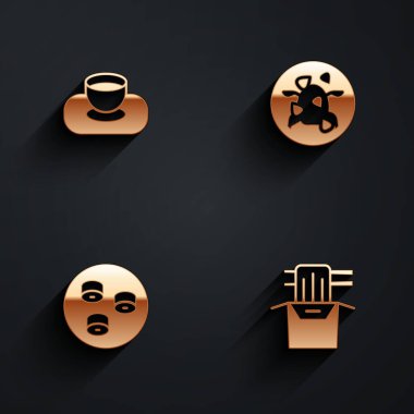 Set Soy sauce in bowl, Kung Pao chicken, Sushi and Asian noodles paper box icon with long shadow. Vector