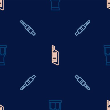 Set line African percussion drum, Audio jack and Keytar on seamless pattern. Vector