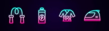 Set line Jump rope, Fitness shaker, Kimono and Racing helmet. Glowing neon icon. Vector