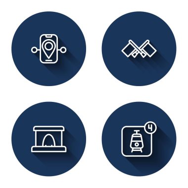 Set line Route location, Flag, Railway tunnel and Online ticket booking with long shadow. Blue circle button. Vector