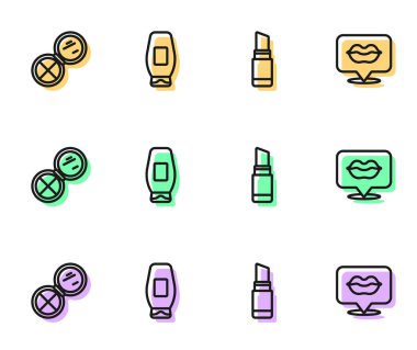 Set line Lipstick, Makeup powder with mirror, Bottle of shampoo and Smiling lips icon. Vector
