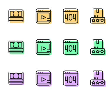 Set line Page with a 404 error, Stacks paper money cash, Video advertising and Consumer product rating icon. Vector