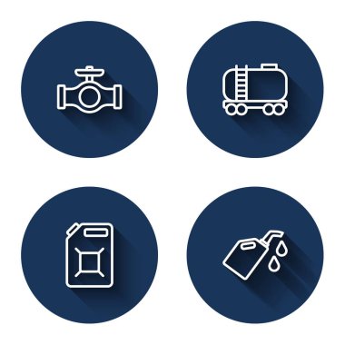 Set line Oil pipe with valve, railway cistern, Canister for gasoline and motor machine oil with long shadow. Blue circle button. Vector