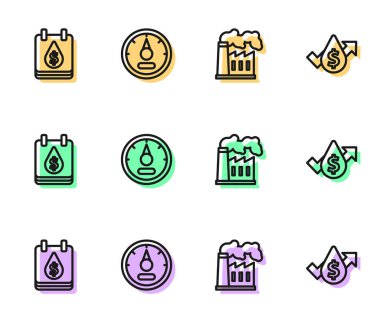 Set line Oil and gas industrial factory, drop with dollar symbol, Motor gauge and price increase icon. Vector