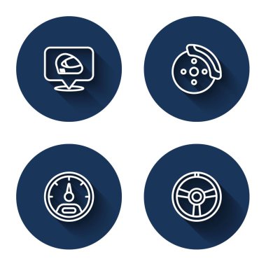 Set line Racing helmet, Car brake disk with caliper, Speedometer and steering wheel with long shadow. Blue circle button. Vector