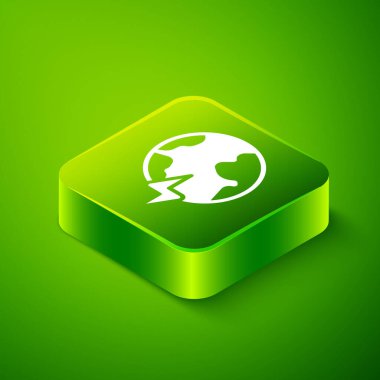 Isometric Global energy power planet with flash thunderbolt icon isolated on green background. Ecology concept and environmental. Green square button. Vector