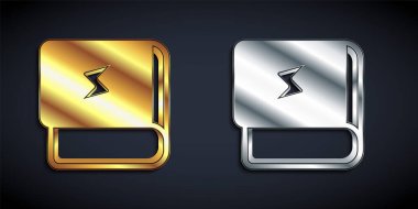 Gold and silver Book about electricity icon isolated on black background. Long shadow style. Vector