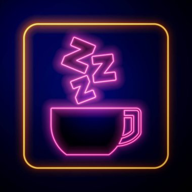 Glowing neon Chamomile tea icon isolated on black background. A useful therapeutic drink from flowers of chamomile medicinal.  Vector