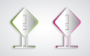 Paper cut Exclamation mark in square frame icon isolated on grey background. Hazard warning sign, careful, attention, danger warning important sign. Paper art style. Vector