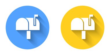 White Mail box icon isolated with long shadow background. Mailbox icon. Mail postbox on pole with flag. Circle button. Vector