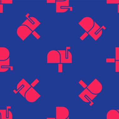 Red Mail box icon isolated seamless pattern on blue background. Mailbox icon. Mail postbox on pole with flag.  Vector