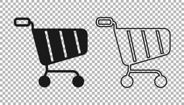 Şeffaf arkaplanda siyah alışveriş arabası simgesi izole edildi. İnternetten satın alma konsepti. Servis tabelası. Süpermarket sepeti sembolü. Vektör