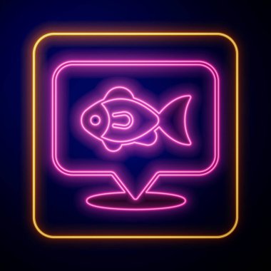 Parlayan neon konum balıkçılık ikonu siyah arkaplanda izole edildi. Balıkçılık yeri. Vektör