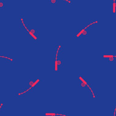 Kırmızı Balıkçı Çubuğu simgesi mavi arka planda izole edilmiş. Büyük bir balık yakala. Balıkçılık ekipmanları ve balık çiftliği konuları. Vektör