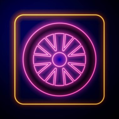 Siyah arkaplanda izole edilmiş araba simgesi için parlayan neon alloy tekerleği. Vektör