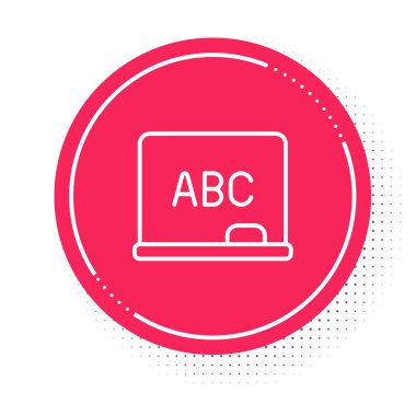 Beyaz çizgi yazı tahtası simgesi beyaz arkaplanda izole edildi. Okul karatahtası. Kırmızı daire düğmesi. Vektör