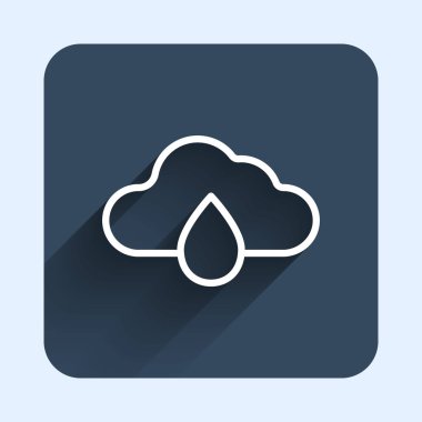 Beyaz çizgi bulutu, uzun gölge arkaplan izole edilmiş yağmur ikonu. Yağmur damlaları ile yağmur bulutu yağışı. Mavi kare düğme. Vektör