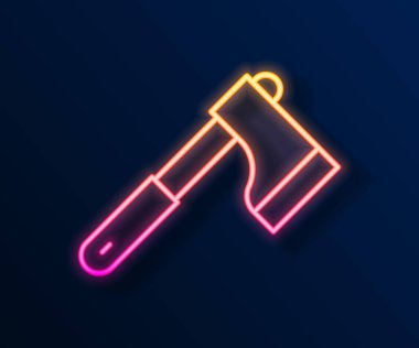 Parlayan neon hattı tahta balta ikonu siyah arkaplanda izole edildi. Oduncu baltası. Vektör