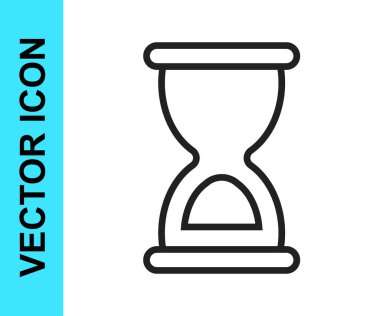Siyah çizgi Beyaz zemin üzerinde kum ikonu akan eski kum saati. Kum saati işareti. İş ve zaman yönetimi kavramı. Vektör