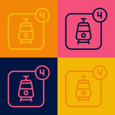 Pop Art Line Online bilet rezervasyonu ve uygulama arayüzü simgesi satın alma renk arkaplanında izole edildi. E-bilet siparişi. Elektronik tren bileti ekranda. Vektör