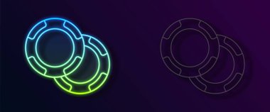 Parlayan neon hattı kumarhane çipleri simgesi siyah arkaplanda izole edildi. Kumarhane kumarı. Vektör