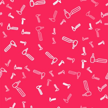 Beyaz çizgi dişli matkap simgesi kırmızı arkaplanda izole edilmiş. Delme ve öğütme aletleri için el işi. Vektör