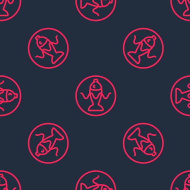 Red line Served fish with soy sauce on a plate icon isolated seamless pattern on black background.  Vector