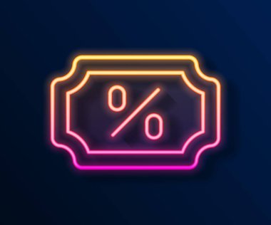 Parlayan neon hattı% indirimli etiket simgesi siyah arkaplanda izole edildi. Etiket alışverişi. Özel teklif işareti. İndirim kuponları sembolü. Vektör