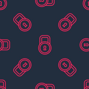 Red line Lock icon isolated seamless pattern on black background. Padlock sign. Security, safety, protection, privacy concept.  Vector