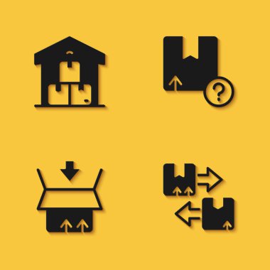 Set Full warehouse, Cardboard box with traffic symbol, Carton cardboard and  icon with long shadow. Vector