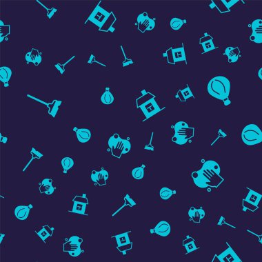 Set Mop, Garbage bag, House and Sponge on seamless pattern. Vector