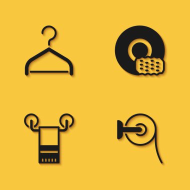 Set Hanger wardrobe, Toilet paper roll, Towel on hanger and Washing dishes icon with long shadow. Vector