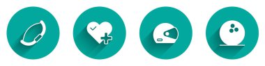 Set Medieval bow, Heart rate, Racing helmet and Bowling ball icon with long shadow. Vector