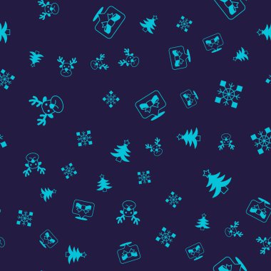 Set Reindeer, Snowflake, Gift bow and Christmas tree on seamless pattern. Vector
