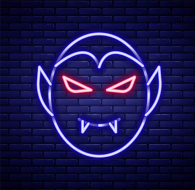 Glowing neon line Vampire icon isolated on brick wall background. Happy Halloween party. Colorful outline concept. Vector