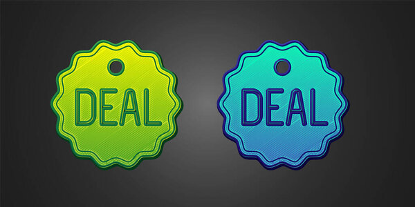 Зеленый и синий значок сделки изолирован на черном фоне. Вектор
