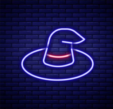 Parlayan neon hattı cadı şapkası simgesi tuğla duvar arkasında izole edilmiş. Mutlu Cadılar Bayramı Partisi. Renkli taslak konsepti. Vektör