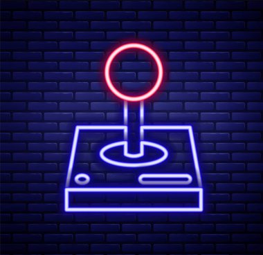 Oyun makinesi simgesi için parlayan neon hat Joystick tuğla duvar arka planında izole edilmiş. Joystick oyun alanı. Renkli taslak konsepti. Vektör