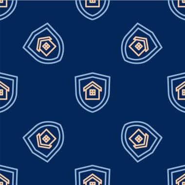 Kalkan simgesine sahip Çizgi Evi mavi arka planda kusursuz desen izole etti. Sigorta konsepti. Güvenlik, güvenlik, koruma, konsept koruma. Vektör